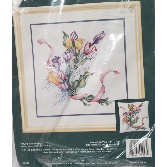 VTG Elsa Williams TULIPS AND RIBBON #02047 Counted Cross Stitch Kit 18" x 18" NO - Picture 1 of 6